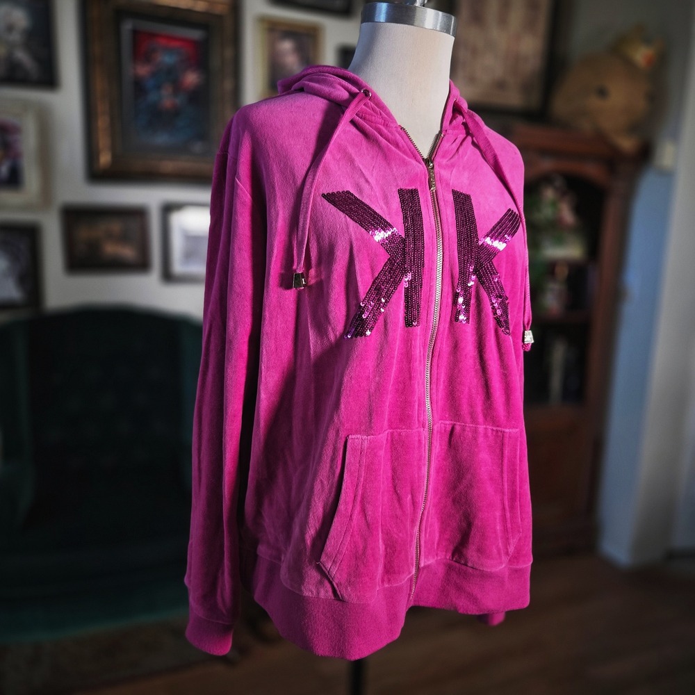 Kardashian Kollection Pink Velour Zip Hoodie Sequin Logo Y2K Glam McBling Jacket